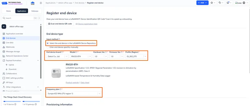 To register the end Device enter these details as shown in the image.
