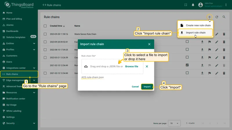 Navigate to the "Rule chains" page and click on the "+" button in the upper right corner of the screen and then choose "Import rule chain" option. The toolbar import popup window will appear. Upload a JSON file and click on the "Import" button