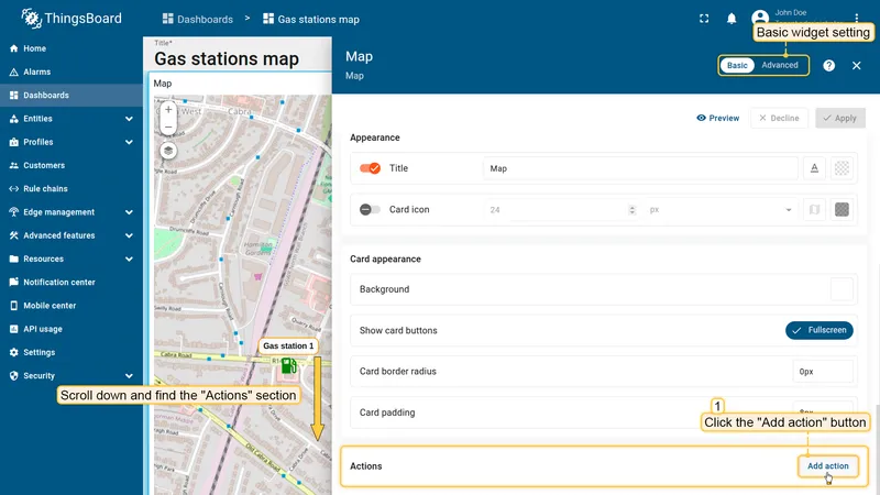 Actions section with Add action button