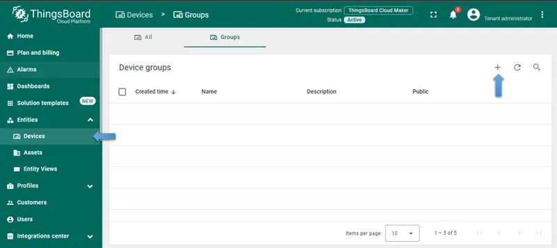 ThingsBoard Devices page with Add device button