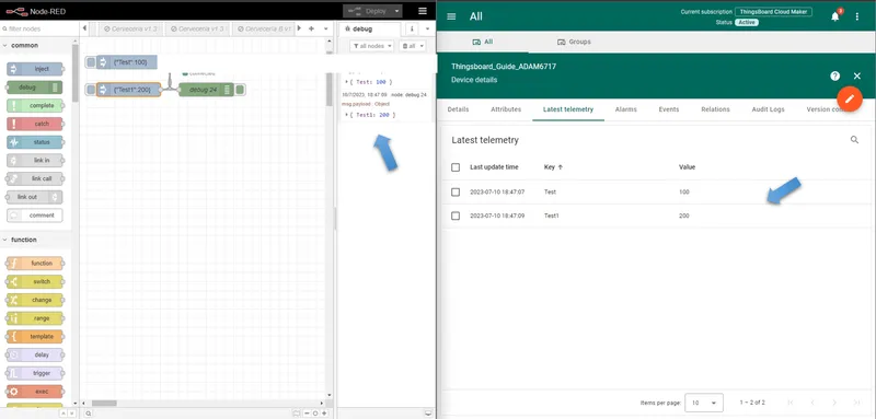 Node-RED workspace showing inject button clicked and data sent
