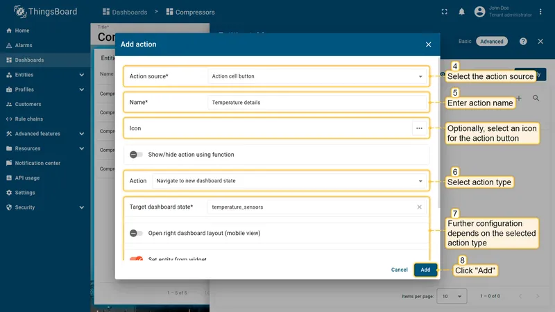 Add action dialog in advanced mode
