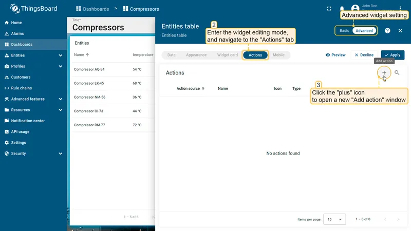 Actions tab in advanced widget editor