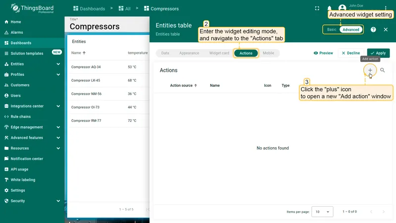 Actions tab in advanced widget editor