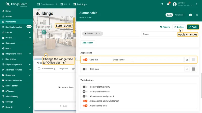Office alarms widget displays alarms