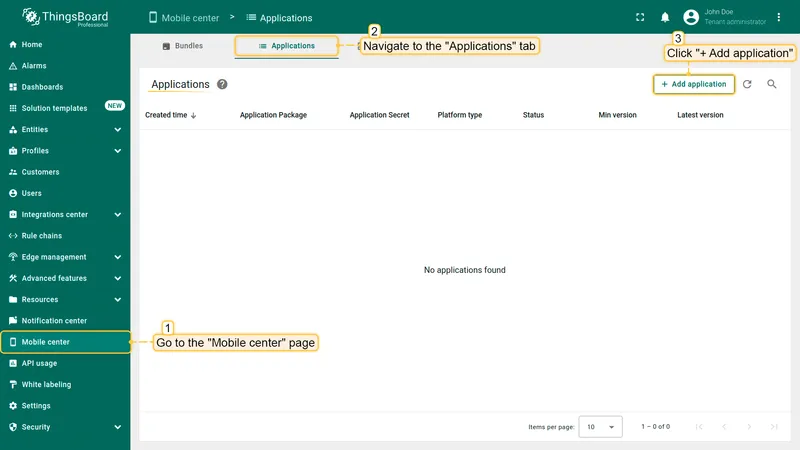 Applications tab — empty list with Add application button highlighted
