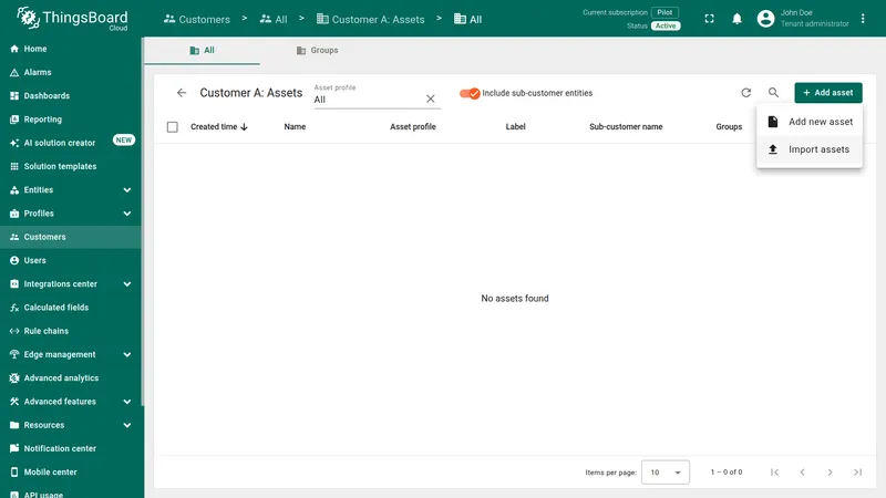Customer A assets page with Add asset dropdown