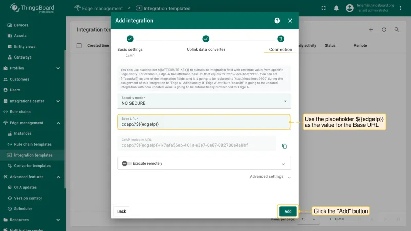 Connection step — Base URL with ${{edgeIp}} placeholder