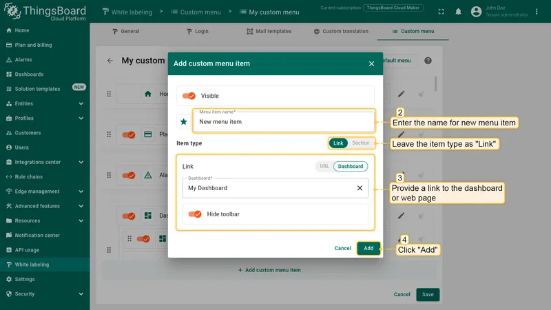 Configure menu item name and action
