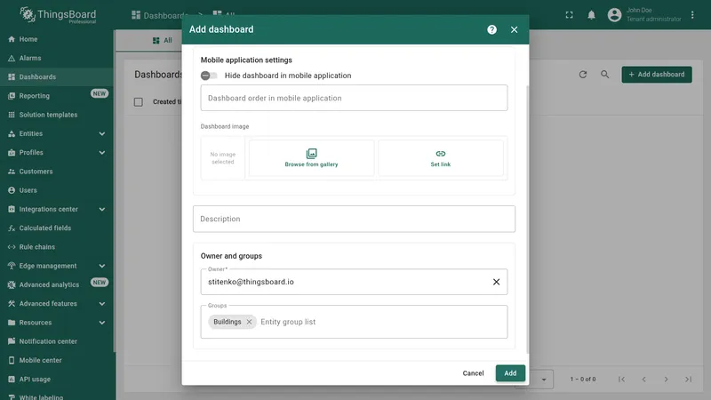 Group selected in dashboard creation dialog