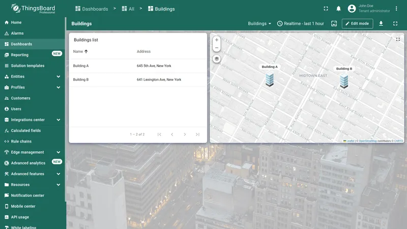 Buildings dashboard with Edit mode button highlighted