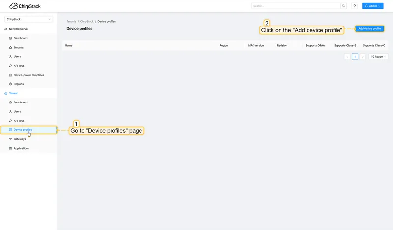 Go to the **Device profiles** page and click on **Add device profile** button.