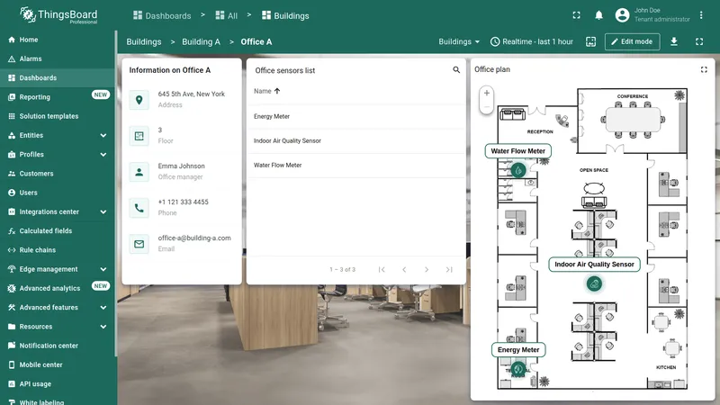 Office state in view mode — info card on left, sensors list table on right with air, energy, and water meter devices