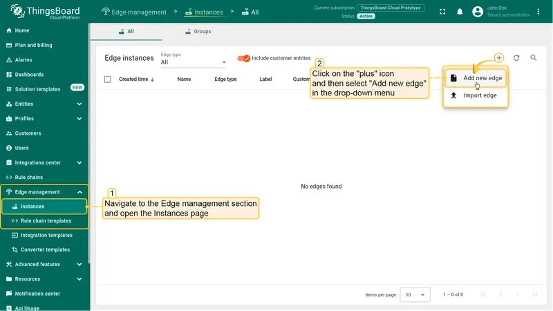 Edge Management Instances section with Add new edge option