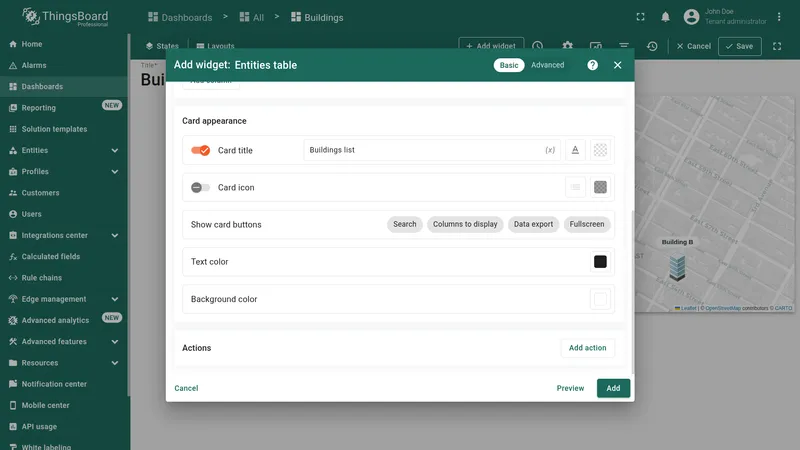 Entities table card appearance settings