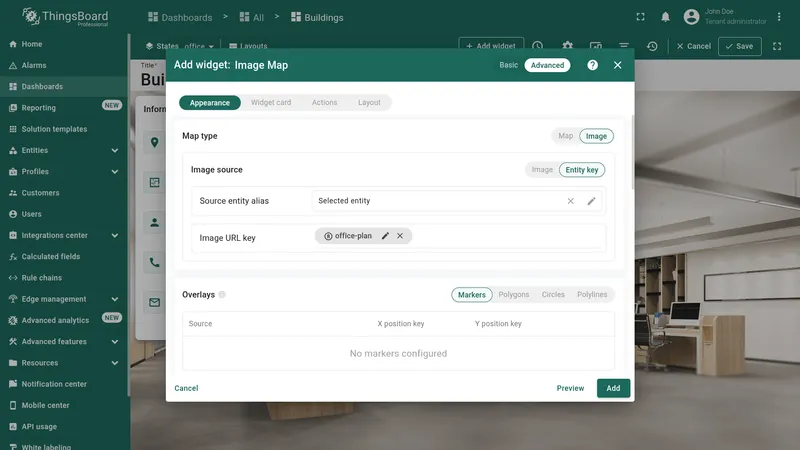Widget selection screen with Image Map widget in Maps bundle highlighted