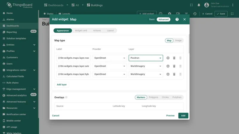 Map widget configuration dialog