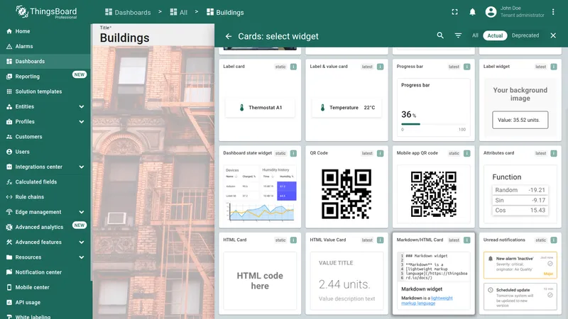 Widget selection dialog with Cards bundle and Markdown/HTML Card widget highlighted