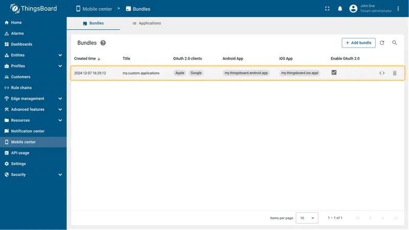 Bundle list showing the newly created bundle entry