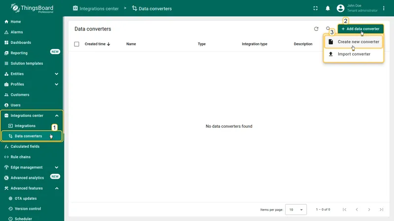 Data converters page — navigate to Integrations center, click + Add data converter, then Create new converter