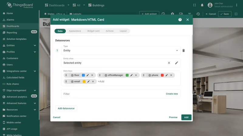 Widget Data tab with Selected entity datasource and keys floor, officeManager, phone, email