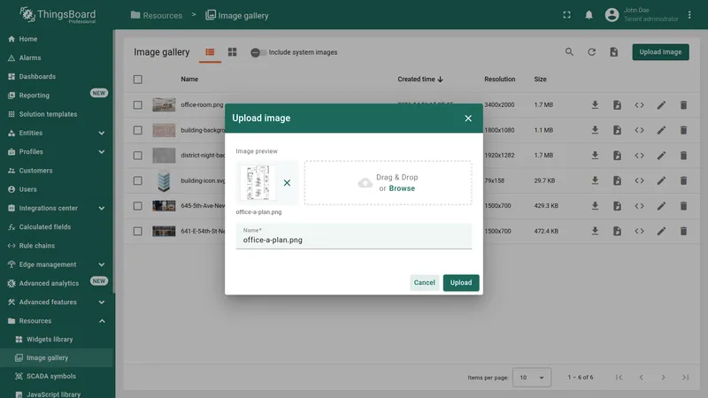 Upload image dialog with office-a-plan.png selected and preview displayed