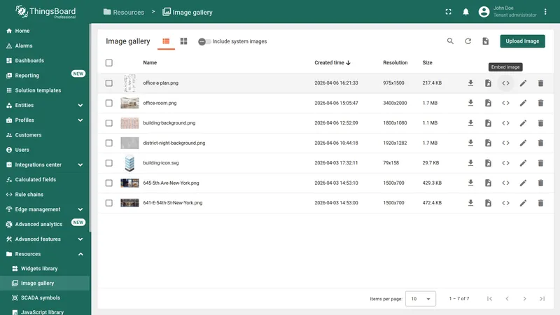 Image gallery table with office-a-plan.png and Embed image action icon highlighted