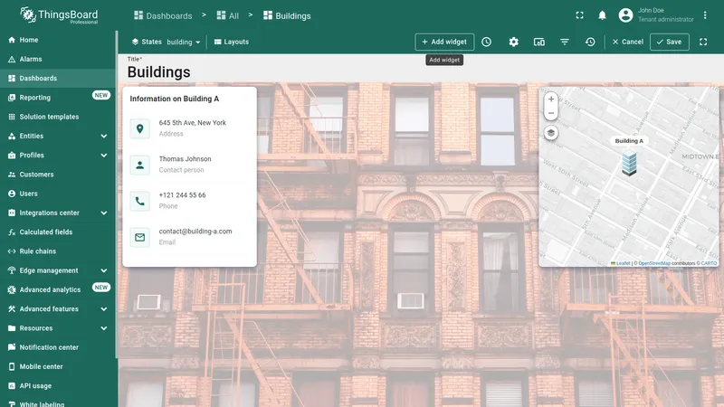 Dashboard in edit mode with Add widget button in the top toolbar