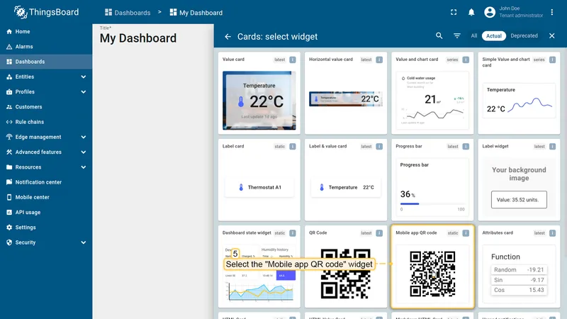Cards widget selection dialog showing QR code and Mobile app QR code widgets — Mobile app QR code highlighted