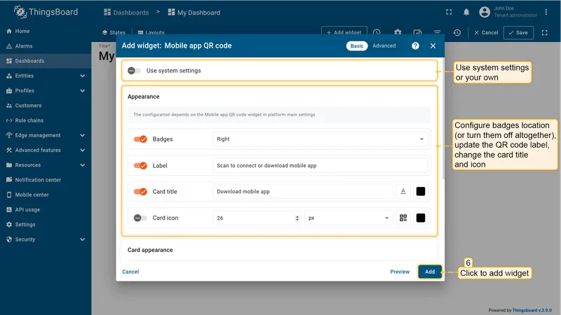 Add widget configuration panel showing Appearance section with Use system settings, Badges, Label, and card title options