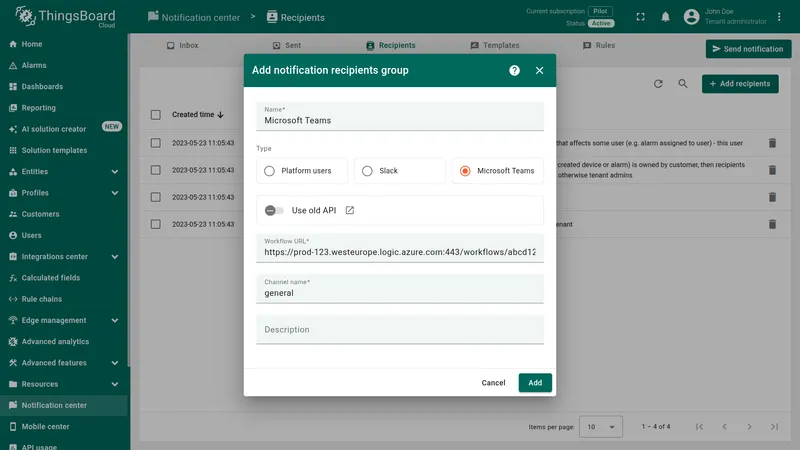 Add notification recipients group dialog with Type set to Microsoft Teams and the webhook URL pasted into the Webhook URL field