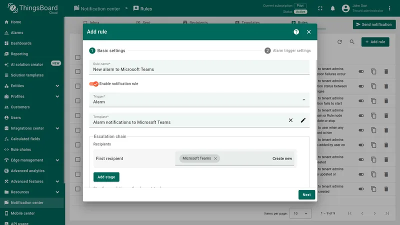 Add rule — Basic settings with Rule name set to New alarm to Microsoft Teams, Trigger to Alarm, Template to Alarm notifications to Microsoft Teams, and Microsoft Teams as First recipient