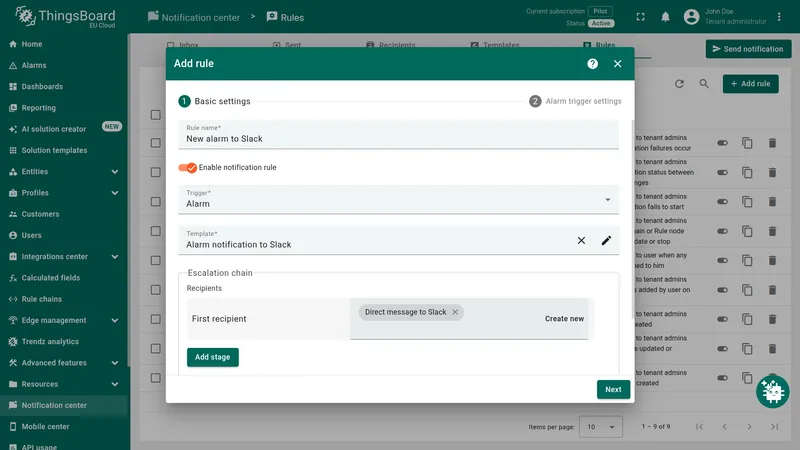 Add rule — Basic settings with Rule name set to New alarm to Slack, Trigger to Alarm, Template to Alarm notification to Slack, and Direct message to Slack as First recipient