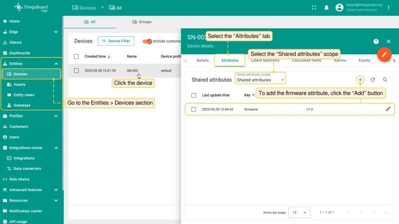 Adding a shared attribute to device SN-002