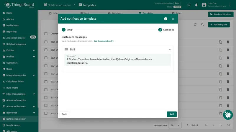 Add notification template — Compose step showing the SMS section with the message field filled in using alarm template variables