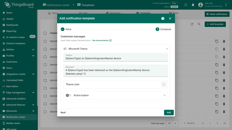 Add notification template — Compose step showing the Microsoft Teams section with Subject and Message fields filled in using alarm template variables