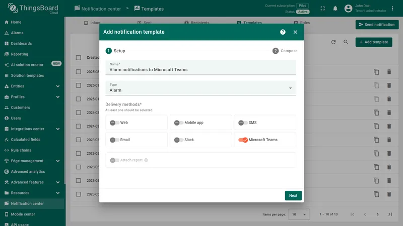 Add notification template — Setup step with Name set to Alarm notifications to Microsoft Teams, Type to Alarm, and Microsoft Teams delivery method toggled on