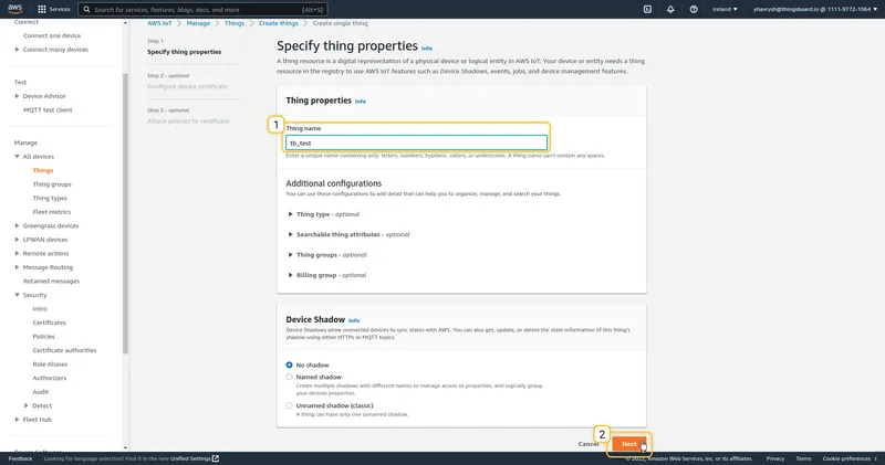 Specify thing properties — Thing name field