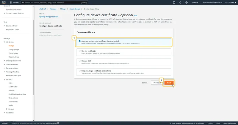 Configure device certificate — Auto-generate a new certificate selected