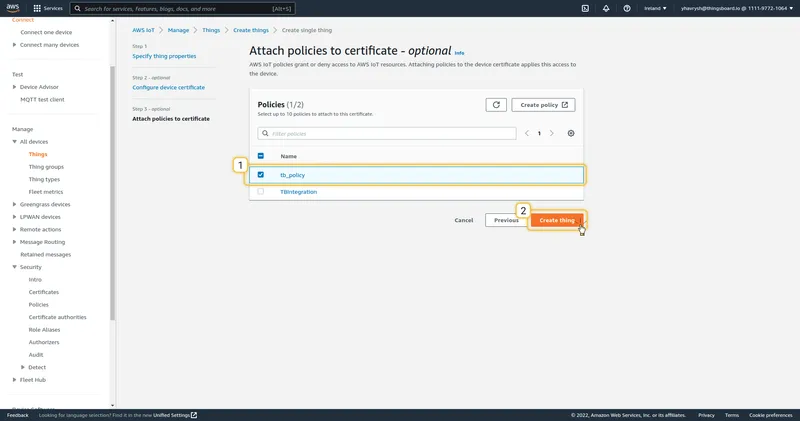 Attach policies to certificate — tb_policy checked, Create thing button