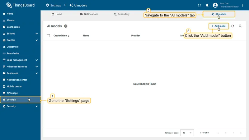 AI models settings page