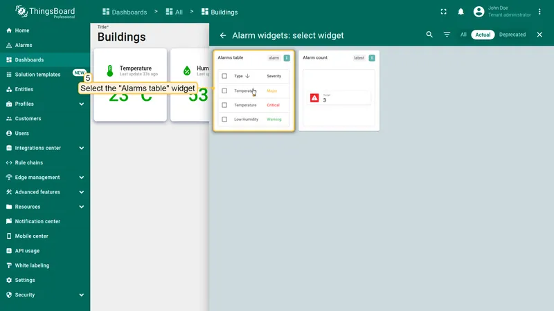 Select Alarms table widget
