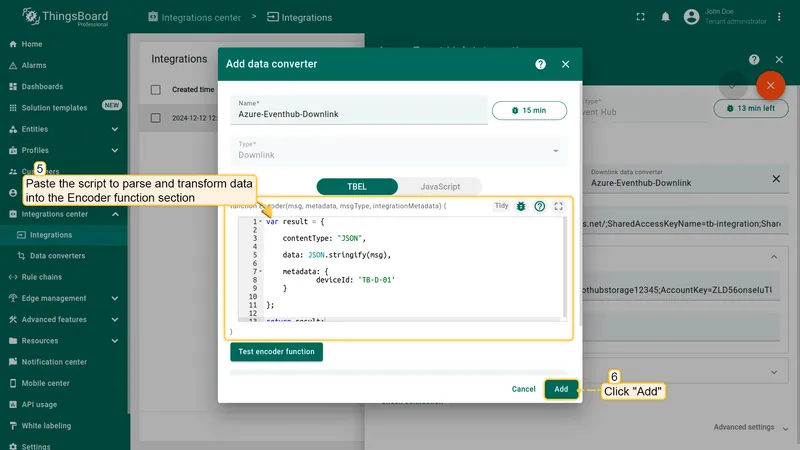 Add data converter dialog with Downlink type, name Azure-Eventhub-Downlink, and TBEL editor showing the encoder function with deviceId set to TB-D-01