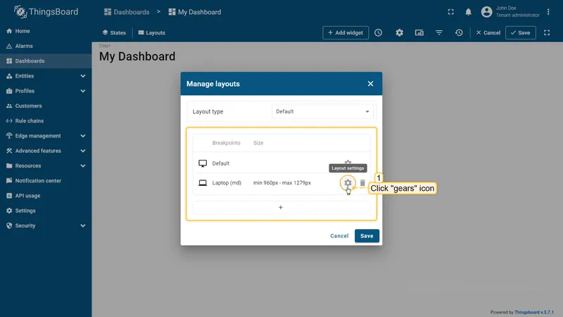 Open breakpoint layout settings