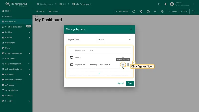 Open breakpoint layout settings