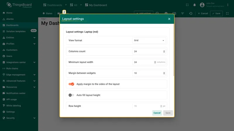 Layout settings panel
