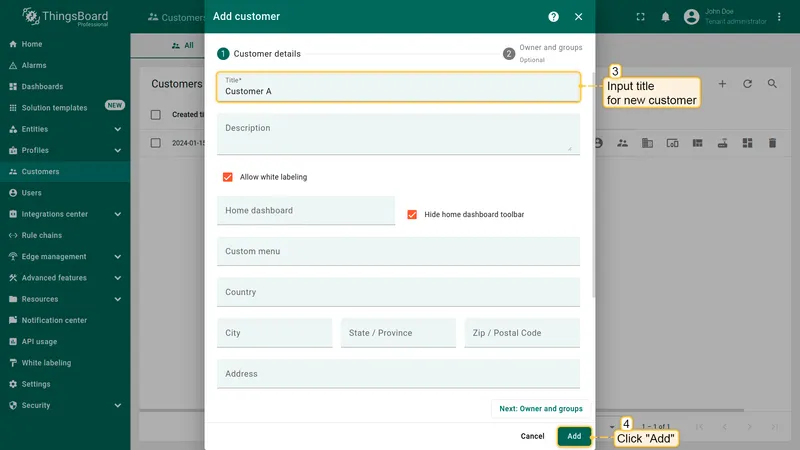 Add customer dialog with title field filled