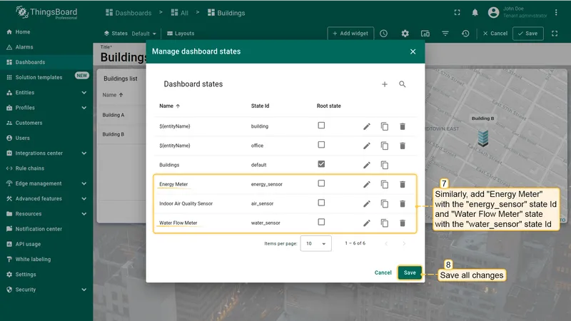 Manage dashboard states dialog showing added device states and Save button