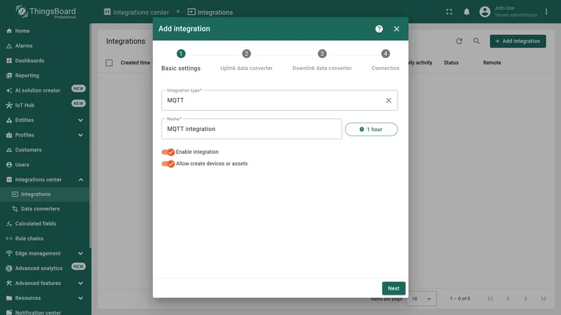 Add integration wizard — Basic settings: Integration type set to MQTT