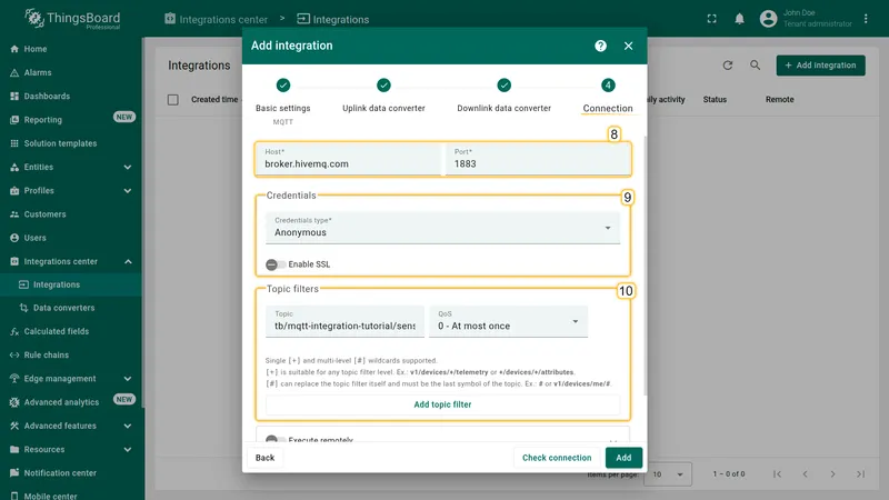 Add integration wizard — Connection: Host broker.hivemq.com, Port 1883, Credentials type Anonymous, topic filter with QoS 0
